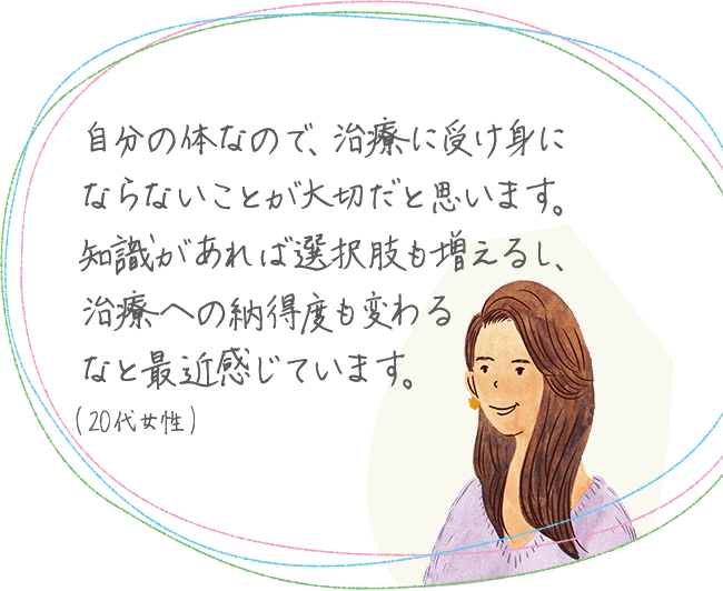 自分の体なので、治療に受け身にならないことが大切だと思います。知識があれば選択肢も増えるし、治療への納得度も変わるなと最近感じています。(20代女性)